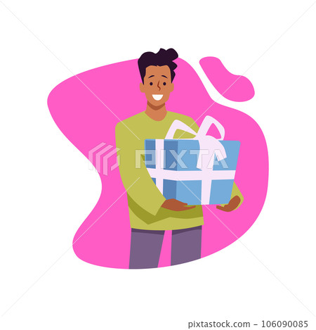 Happy man holding big gift box, flat vector illustration isolated on white background. Happy man holding big gift box, flat vector illustration isolated on white background. 106090085