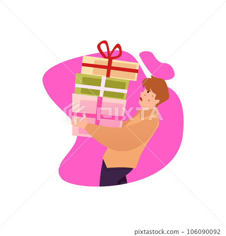 Man carrying heavy pile of gift boxes, flat vector illustration isolated on white background. Man carrying heavy pile of gift boxes, flat vector illustration isolated on white background. 106090092