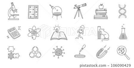 Laboratory doodle icon set. Hand drawn sketch line doodle style scientific education, chemistry laboratory, medicine experiment icon. Microscope, atom, magnet outline element. Vector Laboratory doodle icon set. Hand drawn sketch line doodle style scientific education, chemistry laboratory, medicine experiment icon. Microscope, atom, magnet outline element. Vector 106090429