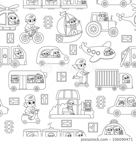 Vector black and white transportation seamless pattern with children. Funny line water, land, air transport repeat background with drivers for kids. Cars and vehicles coloring page Vector black and white transportation seamless pattern with children. Funny line water, land, air transport repeat background with drivers for kids. Cars and vehicles coloring page 106090471
