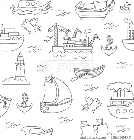 Vector black and white water transport seamless pattern. Funny nautical transportation repeating background with ship, boat, steamship, yacht for kids. Cute marine vehicles coloring page Vector black and white water transport seamless pattern. Funny nautical transportation repeating background with ship, boat, steamship, yacht for kids. Cute marine vehicles coloring page 106090477