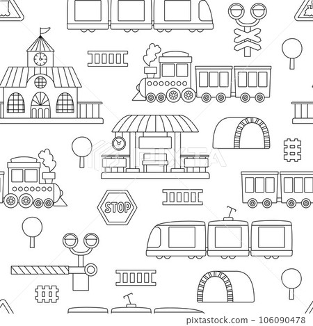 Vector black and white railway transport seamless pattern. Funny line railroad transportation repeating background with train, steam train, tunnel for kids. Cute rail vehicles coloring page 106090478