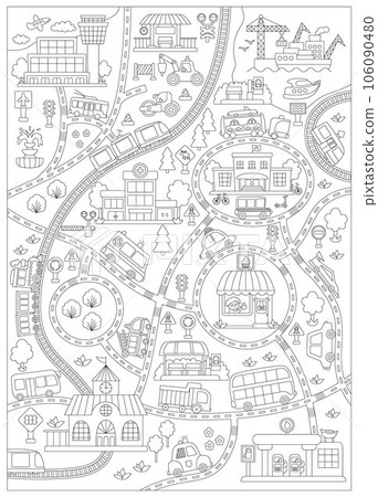 City black and white transport map. Line background with railway, roads, traffic signs for kids. Vector infographic elements with train, cars, tram, truck. Urban coloring page with airport, seaport 106090480