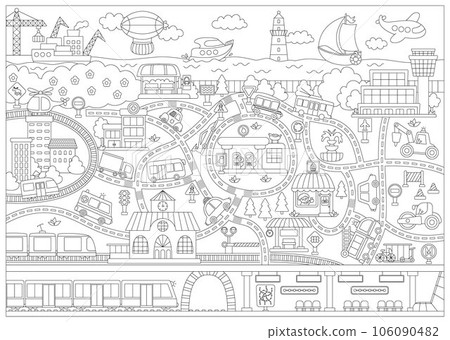 City black and white transport map. Line background with land, underground, water and air transport. Vector infographics with train, cars, tram, truck. Urban coloring page with airport, metro for 106090482