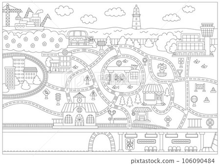 City black and white map without transport. Line background with roads, railway, underground. Vector infographics. Urban coloring page with airport, metro, buildings, seaport, station for kids City black and white map without transport. Line background with roads, railway, underground. Vector infographics. Urban coloring page with airport, metro, buildings, seaport, station for kids 106090484