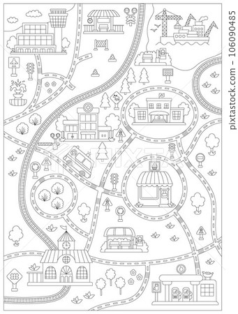 City black and white map with roads and railway. Line empty background with rails, traffic signs for kids. Vector infographic elements without transport. Urban coloring page with places and buildings City black and white map with roads and railway. Line empty background with rails, traffic signs for kids. Vector infographic elements without transport. Urban coloring page with places and buildings 106090485