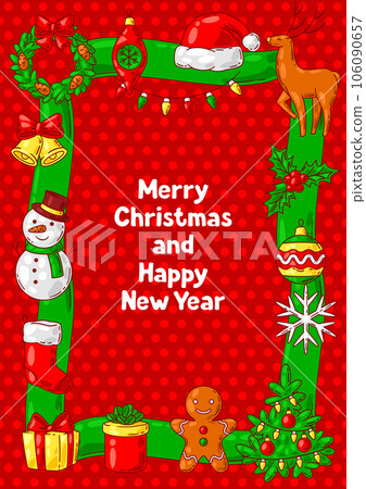 Merry Christmas greeting card. Holiday illustration in cartoon style. Merry Christmas greeting card. Holiday illustration in cartoon style. 106090657