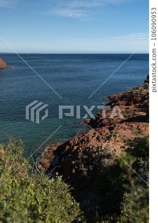 French Riviera coast with red rocks in Saint Raphael French Riviera coast with red rocks in Saint Raphael 106090953