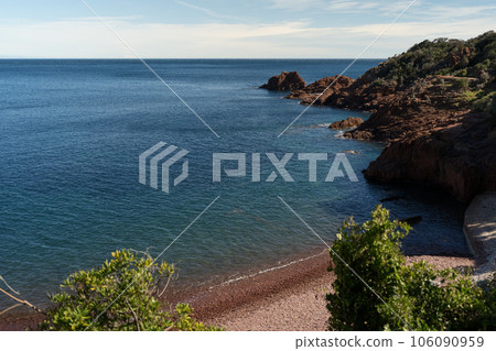 French Riviera coast with red rocks in Saint Raphael French Riviera coast with red rocks in Saint Raphael 106090959