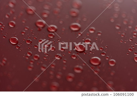 Rain droplets on red sports car surface with hydrophobic treatment Rain droplets on red sports car surface with hydrophobic treatment 106091100