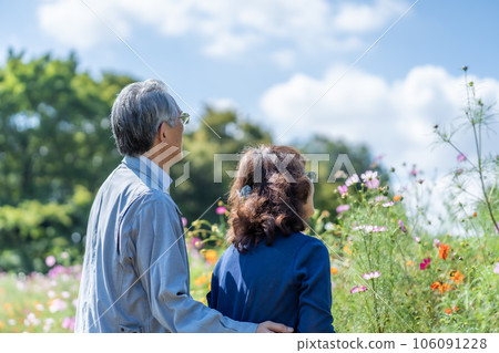 Senior couple looking up at the sky 106091228
