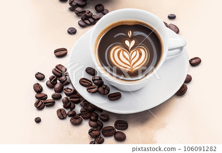 Illustration of coffee beans and coffee cup drawn by watercolor Generative AI 106091282