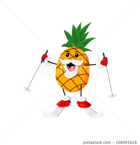 Cartoon cheerful Christmas holiday pineapple fruit character skiing. Isolated vector tropical juicy fruit personage with a big smile, showcasing a fun and playful winter activity during Xmas vacations Cartoon cheerful Christmas holiday pineapple fruit character skiing. Isolated vector tropical juicy fruit personage with a big smile, showcasing a fun and playful winter activity during Xmas vacations 106091628