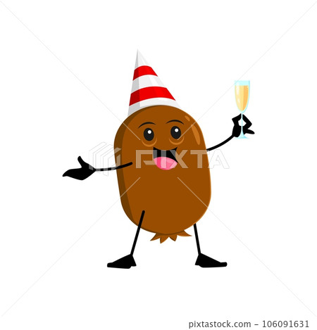 Cartoon cheerful Christmas holiday kiwi fruit character wearing striped festive hat, holding wineglass with champagne. Isolated vector tropical plant personage celebrate New year or Xmas party Cartoon cheerful Christmas holiday kiwi fruit character wearing striped festive hat, holding wineglass with champagne. Isolated vector tropical plant personage celebrate New year or Xmas party 106091631