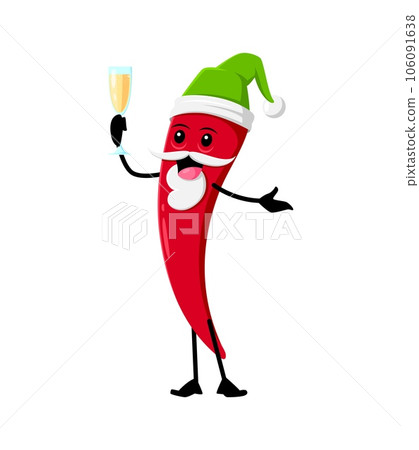 Cartoon Christmas tex mex mexican chili pepper character. Isolated vector cheerful jalapeno or guindilla personage in festive hat holding wineglass with a playful grin, adding a spicy touch to holiday Cartoon Christmas tex mex mexican chili pepper character. Isolated vector cheerful jalapeno or guindilla personage in festive hat holding wineglass with a playful grin, adding a spicy touch to holiday 106091638