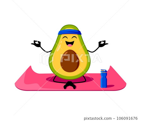 Cartoon mexican avocado character on yoga fitness. Vector healthy tropical fruit sitting in meditation asana finding zen in lotus pose. Funny smiling personage engage mind balance, yoga wellness class 106091676