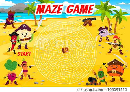 Labyrinth maze game, cartoon vegetable pirate or corsair characters and treasure chest. Kids vector worksheet with eggplant, chili pepper and carrot. Radish, garlic, avocado and pumpkin or cucumber 106091720