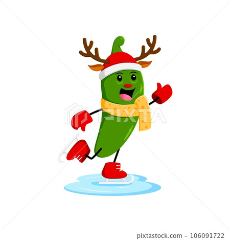 Cartoon Christmas tex mex mexican jalapeno character skating on the ice rink during winter vacation. Isolated vector green chili or guindilla pepper personage wear reindeer horns, skates, and scarf Cartoon Christmas tex mex mexican jalapeno character skating on the ice rink during winter vacation. Isolated vector green chili or guindilla pepper personage wear reindeer horns, skates, and scarf 106091722
