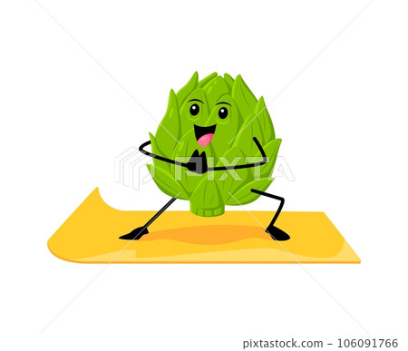 Cartoon artichoke vegetable character on yoga fitness sport creating a playful and unique representation of health, wellness, and balance. Fresh energetic vector veggies maintaining healthy lifestyle 106091766