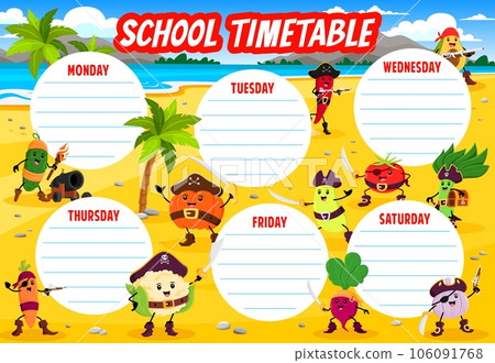 School timetable schedule, cartoon vegetable pirate corsair characters, vector weekly planner. Carrot pirate captain, tomato with filibuster sword or spinach with treasure chest on timetable schedule 106091768