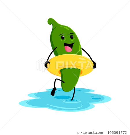 Cartoon green jalapeno pepper on summer vacation. Isolated vector humorous and lively chilli or guindilla personage enjoying relax at coastal resort lounging and swimming with inflatable ring in sea 106091772