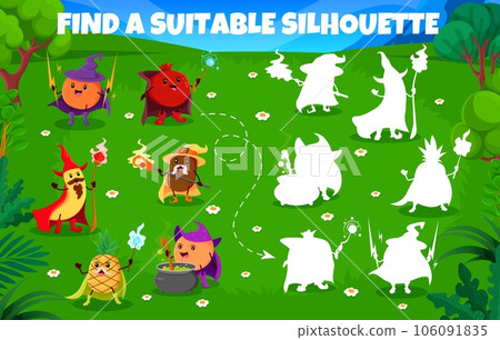 Find a suitable silhouette of cartoon halloween fruit wizards and mages. Silhouette matching game vector worksheet with orange, pomegranate, banana and kiwi, pineapple, peach sorcerer funny personages 106091835