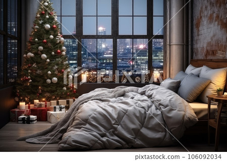 Interior of bedroom with Christmas decoration. Generative ai 106092034