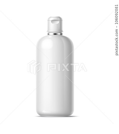 Realistic cosmetics product bottle, plastic container isolated 3d vector mockup. Elegant and sleek cosmetic package with a secure cap for safe storage. Perfect for storing liquid beauty production 106092081