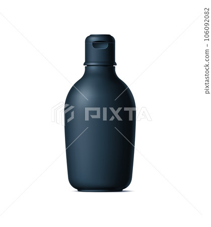 Realistic black cosmetics bottle, tube and plastic container with secure cap, isolated 3d vector mockup. Sleek cosmetic flask, blank packaging design for shower gel, shampoo, lotion or the oil product 106092082