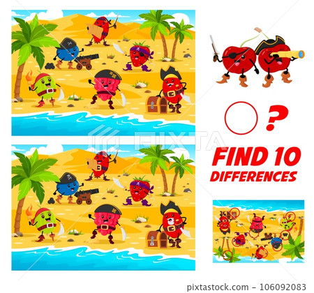 Find differences between berry pirates and corsairs characters. Vector riddle game for kids with cartoon blueberry, gooseberry, rose hip and raspberry with barberry characters on treasure island 106092083