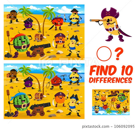 Find ten differences. Cartoon fruit pirates and corsairs characters kids game worksheet. Vector matching puzzle with pirate treasure island, funny orange, apple, mango and banana fruits personages 106092095