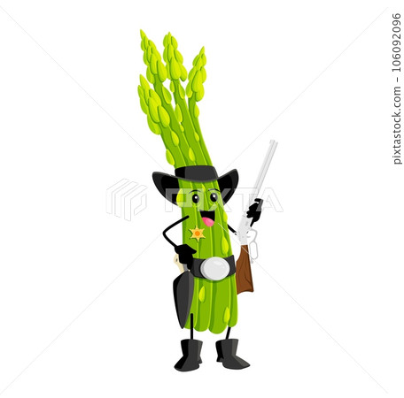 Cartoon wild west sheriff asparagus vegetable character. Isolated vector quirky and charming veggies, dressed in roper hat and boots, armed with a rifle gun embodying the adventurous spirit of Texas 106092096