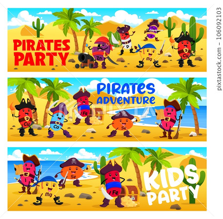 Kids pirate party. Cartoon vitamins and micronutrient corsair characters on treasure island. Vector horizontal banners with P, I, K and Cu, Fe, Cl or Mg with Se and Zn filibuster capsule personages Kids pirate party. Cartoon vitamins and micronutrient corsair characters on treasure island. Vector horizontal banners with P, I, K and Cu, Fe, Cl or Mg with Se and Zn filibuster capsule personages 106092103