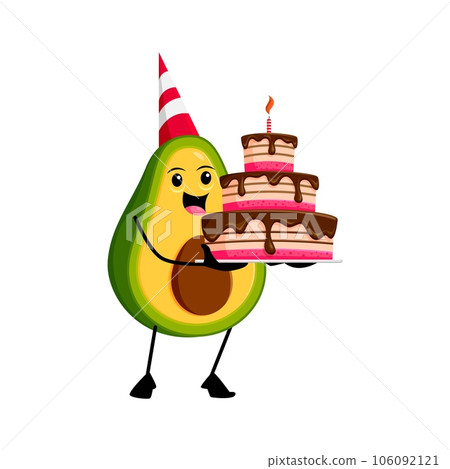 Cartoon funny mexican avocado character with holiday pie, wearing a party hat. Playful and delightful vector tropical fruit personage celebrating birthday or special occasion and bringing joy to event 106092121