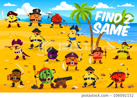 Find two same cartoon fruit pirates and corsairs characters game. Kids puzzle quiz vector worksheet with pirate treasure island background. Cute mango, apple, orange and banana corsairs personages 106092152