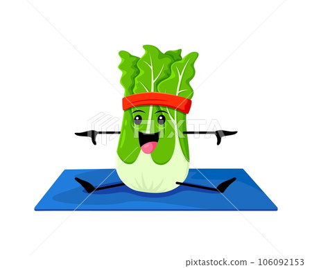 Cartoon chinese cabbage vegetable character on yoga fitness sport. Funny vector nutritious veggies sitting on mat, doing asana pose, promoting a healthy lifestyle and physical activity to all ages 106092153