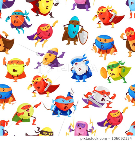 Cartoon vitamin superhero characters seamless pattern. Vector tile background with super hero food supplement capsule personages. Defenders and knights with swords, shields, lightnings, bow and arrows 106092154