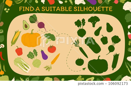 Find a suitable silhouette of harvest raw vegetables kids vector game worksheet. Shadow match children riddle with avocado, corn cob, pumpkin and beetroot. Broccoli, eggplant, tomato and kohlrabi 106092173