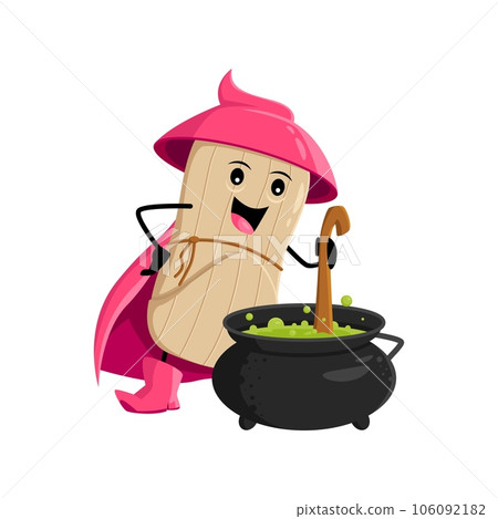 Cartoon Halloween tamales tex mex food wizard and mage character. Isolated vector warlock or witch personage concocts magical brew in a bubbling cauldron, infusing enchantments creating culinary spell Cartoon Halloween tamales tex mex food wizard and mage character. Isolated vector warlock or witch personage concocts magical brew in a bubbling cauldron, infusing enchantments creating culinary spell 106092182