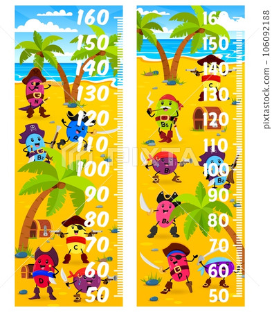 Kids height chart. Cartoon vitamin pirates and corsairs on tropical island. Children growth vector meter or ruler with N, B2, A and D, P, C vitamin corsairs cheerful personages on treasure island Kids height chart. Cartoon vitamin pirates and corsairs on tropical island. Children growth vector meter or ruler with N, B2, A and D, P, C vitamin corsairs cheerful personages on treasure island 106092188