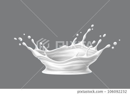 Liquid white yogurt or milk cream flow corona splash with drops. Isolated realistic 3d vector dairy product crown drip with scattered droplets suspended in a motion and fluidity mid-air 106092232