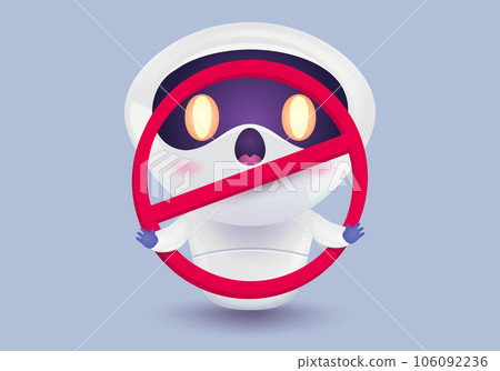 Vector illustration of a cute robot and stop sign. Vector icon of chat bot in realistic style. Stop Ai. 106092236