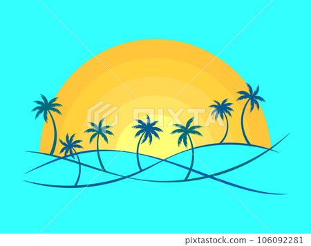 Line landscape outline with palm trees and rising sun on a blue background. Summer tropical landscape in a minimalist style. Design for printing t-shirt and banner. Vector illustration 106092281