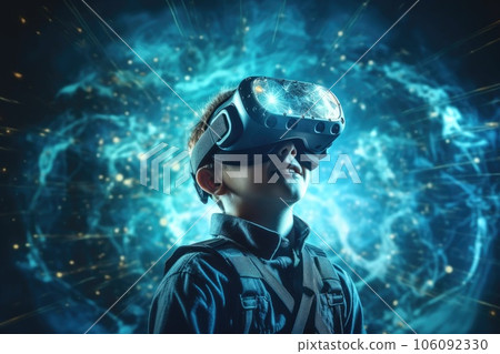 A boy wearing VR headset user, surreal world and virtual reality, colorful flowers fields. Generative AI 106092330