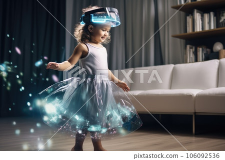 Princess girl wearing VR headset user, surreal world and virtual reality, colorful flowers fields. Generative AI 106092536