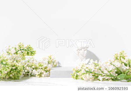Cosmetics skin care product presentation scene and display with copy space made with stone podium and blossom branch on white background. Cosmetics skin care product presentation scene and display with copy space made with stone podium and blossom branch on white background. 106092593
