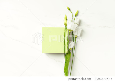 Spring summer minimal scene for beauty cosmetic product presentation template made with green cube and Lysianthus flower Spring summer minimal scene for beauty cosmetic product presentation template made with green cube and Lysianthus flower 106092627