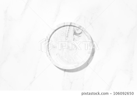 Beauty cosmetics product presentation flat lay mockup scene with white marble circle shape on white background with copy space. Trendy sunlight,  top view. Studio photography. 106092650