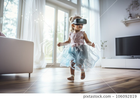 Princess girl wearing VR headset user, surreal world and virtual reality, colorful flowers fields. Generative AI 106092819