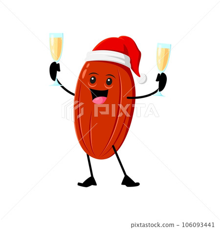 Cartoon Christmas peanut character wearing festive Santa Claus hat, holding wineglasses with champagne. Isolated vector protein seed personage celebrate New year bash or Xmas party celebratory event Cartoon Christmas peanut character wearing festive Santa Claus hat, holding wineglasses with champagne. Isolated vector protein seed personage celebrate New year bash or Xmas party celebratory event 106093441